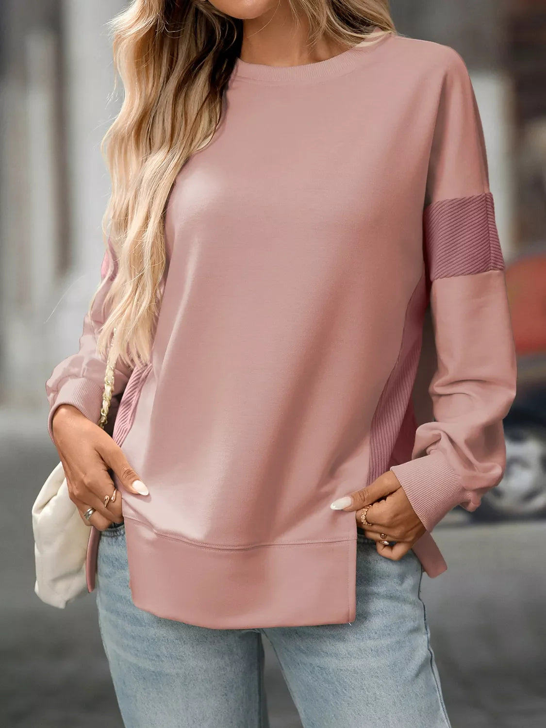 Side Slit Round Neck Sweatshirt