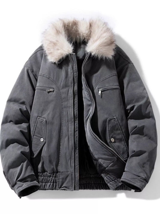 Men's Full Size Fur Collar Zip Up Bomber Jacket Plus Size