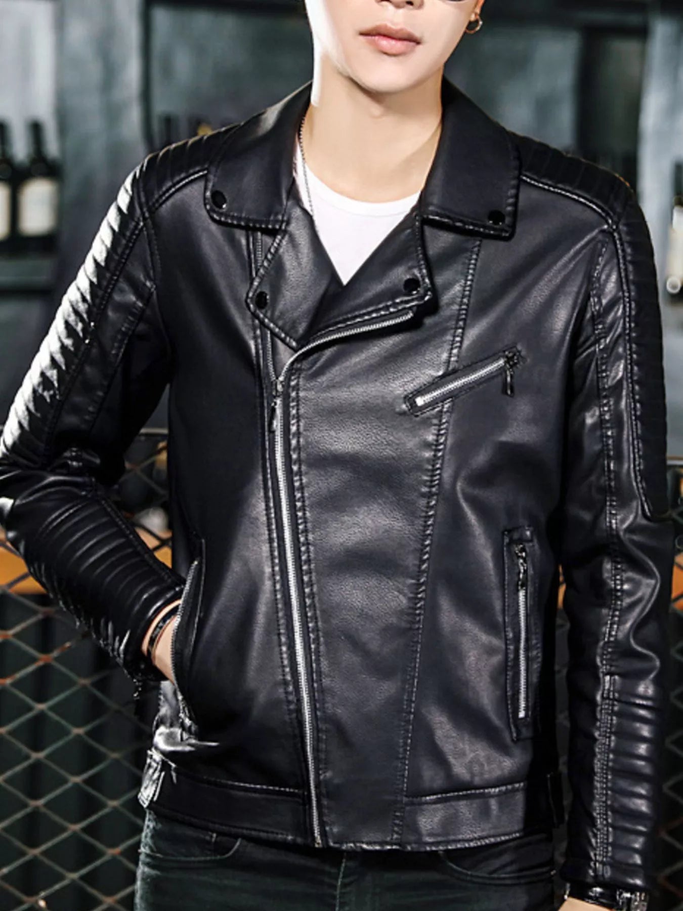 Men's Plus Size Zip Up Faux Leather Biker Jacket