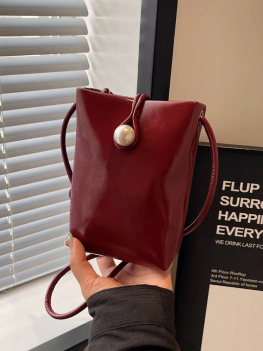 Pearl Decor Faux Leather Crossbody Bag