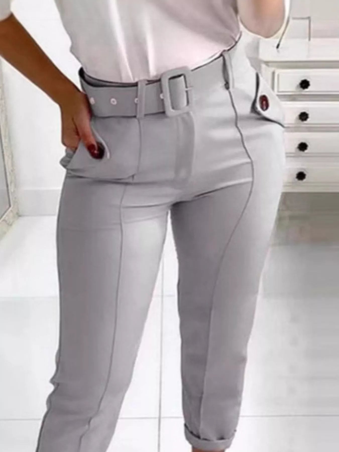 High Waist Belted Slim Fit Ankle Pants