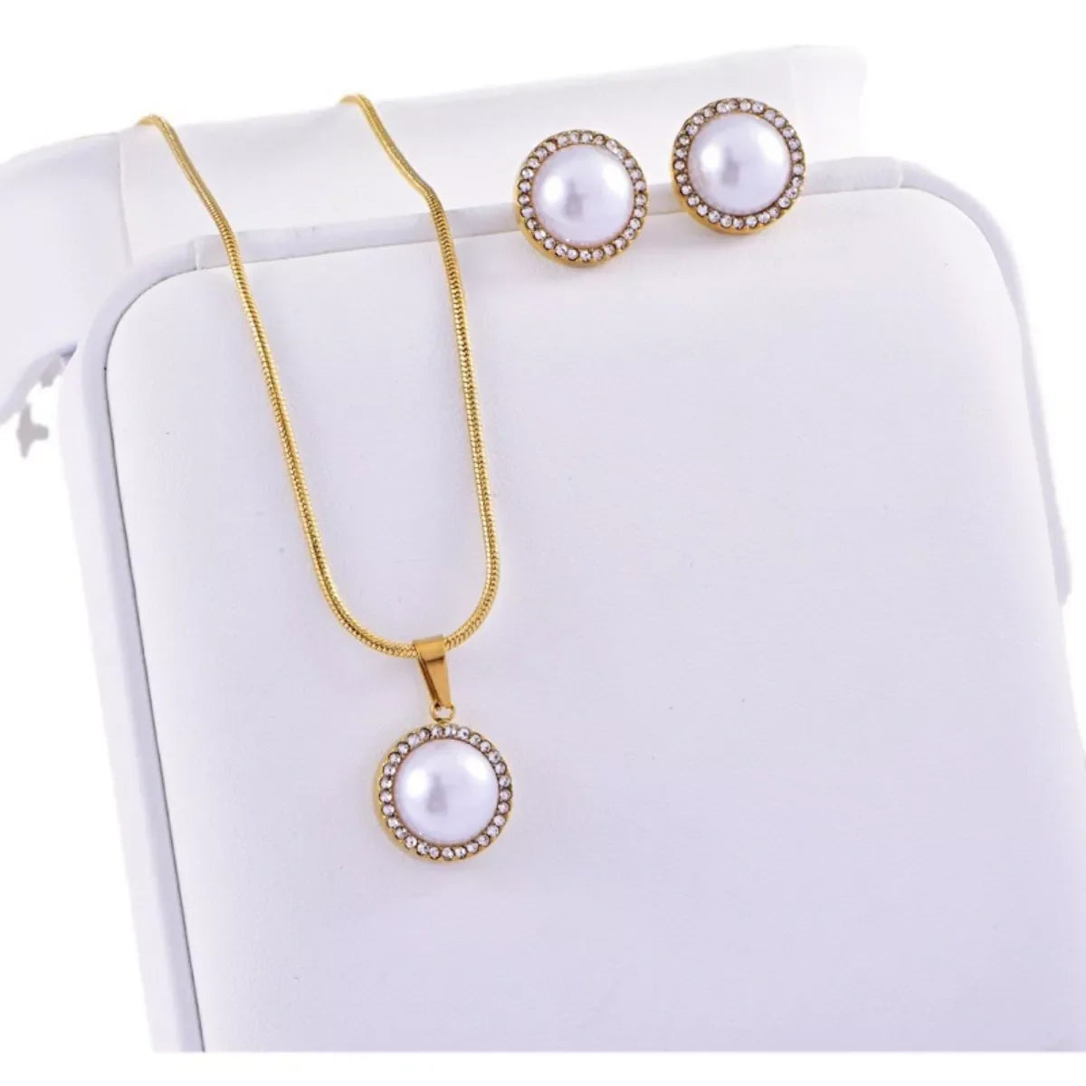 Synthetic Pearl 18K Gold-Plated Rhinestone Necklace and Earrings Jewelry Set