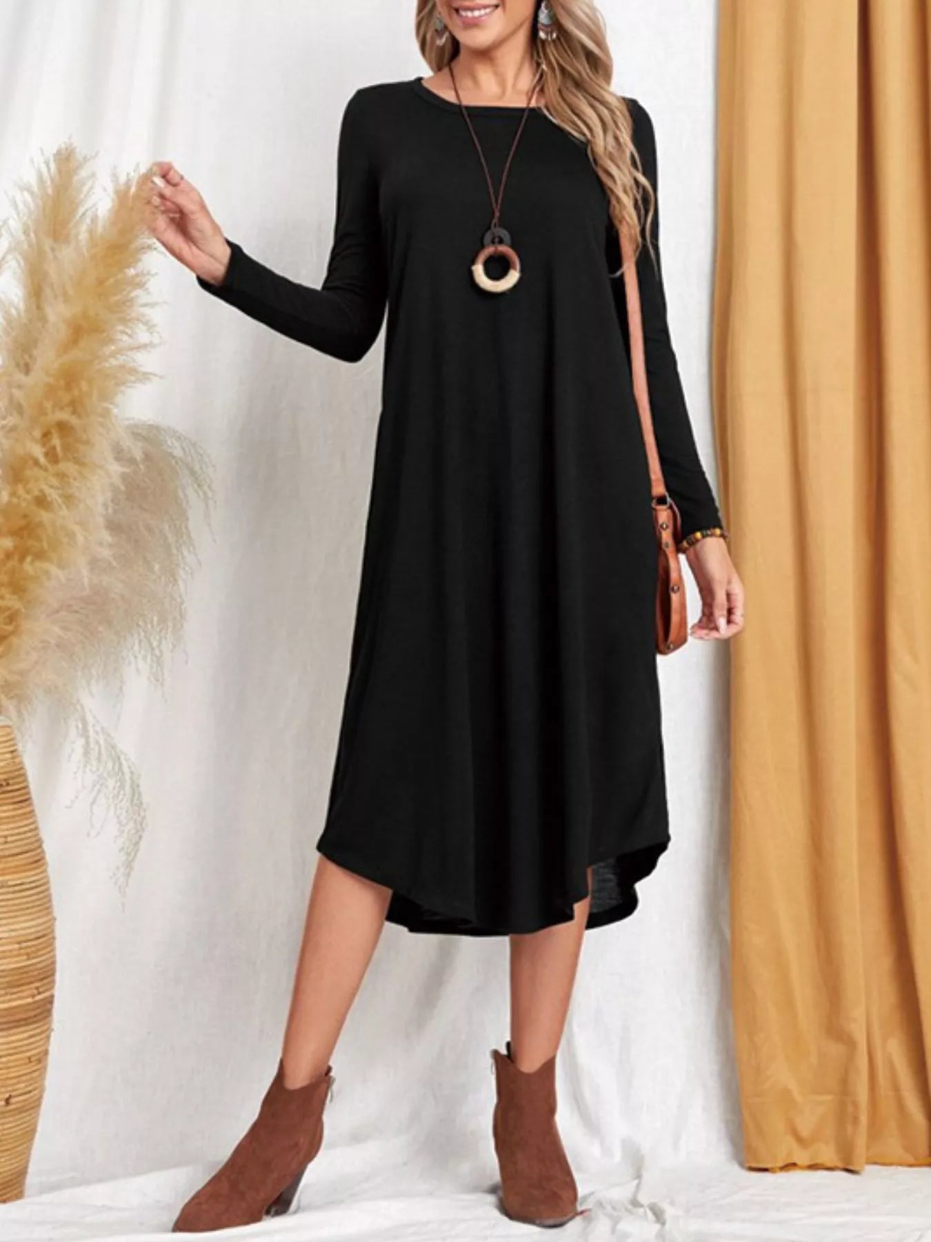 Casual Long Sleeve Pocket Midi Dress