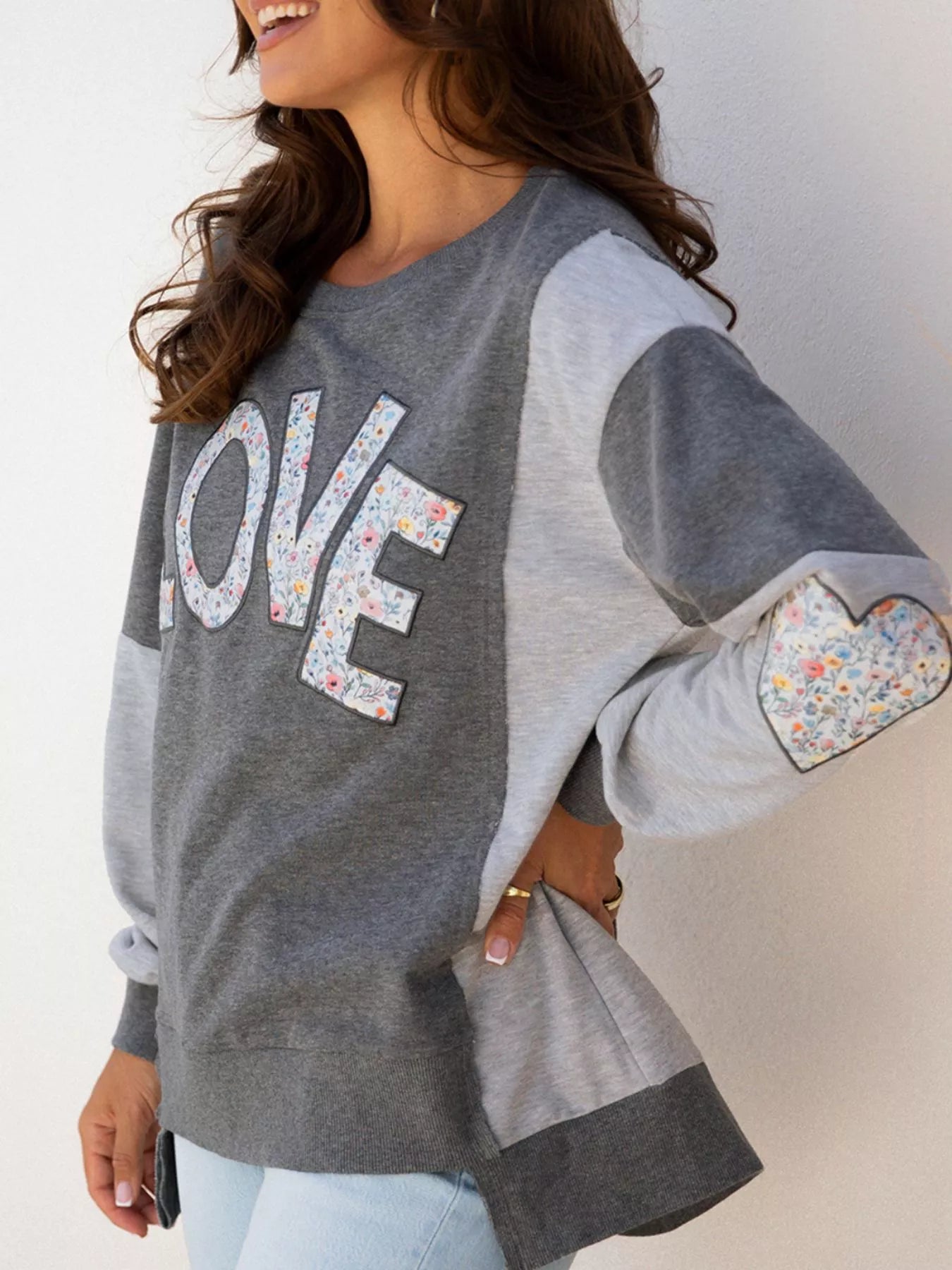 LOVE Graphic Exposed Seam Patchwork Uneven Hem Chic Sweatshirt