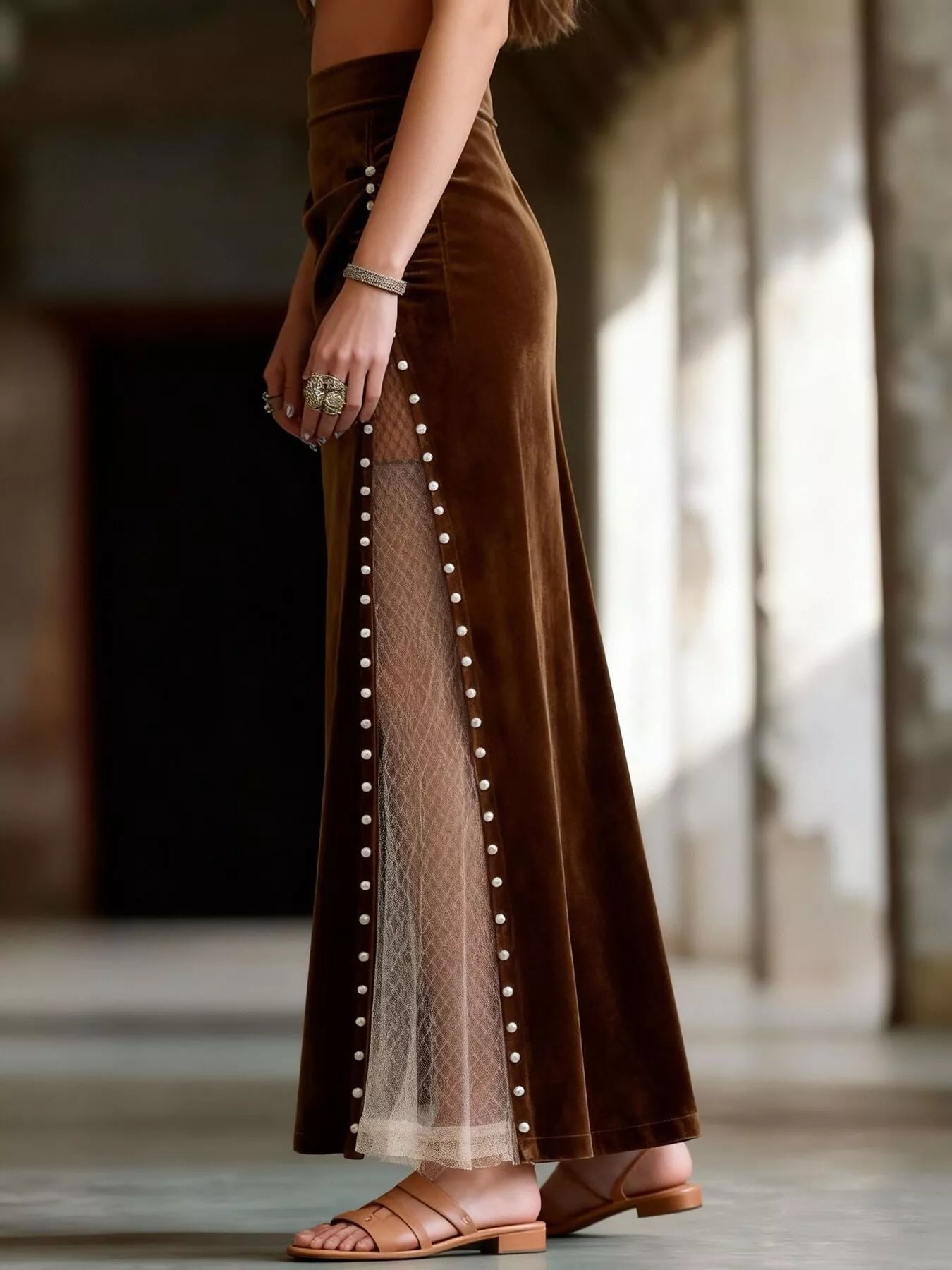 Velvet Pearl-Embellished Mesh Skirt
