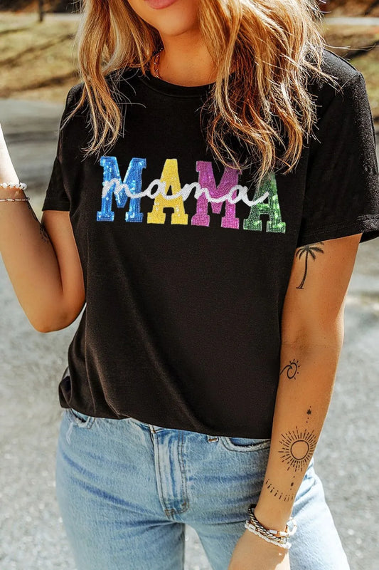 Sequin MAMA Round Neck Short Sleeve T-Shirt