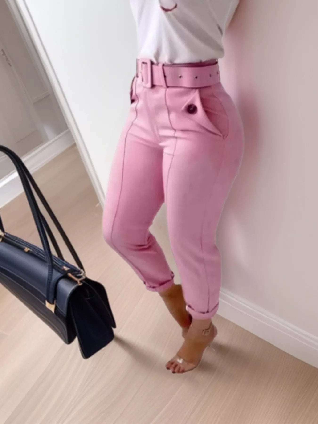 High Waist Belted Slim Fit Ankle Pants