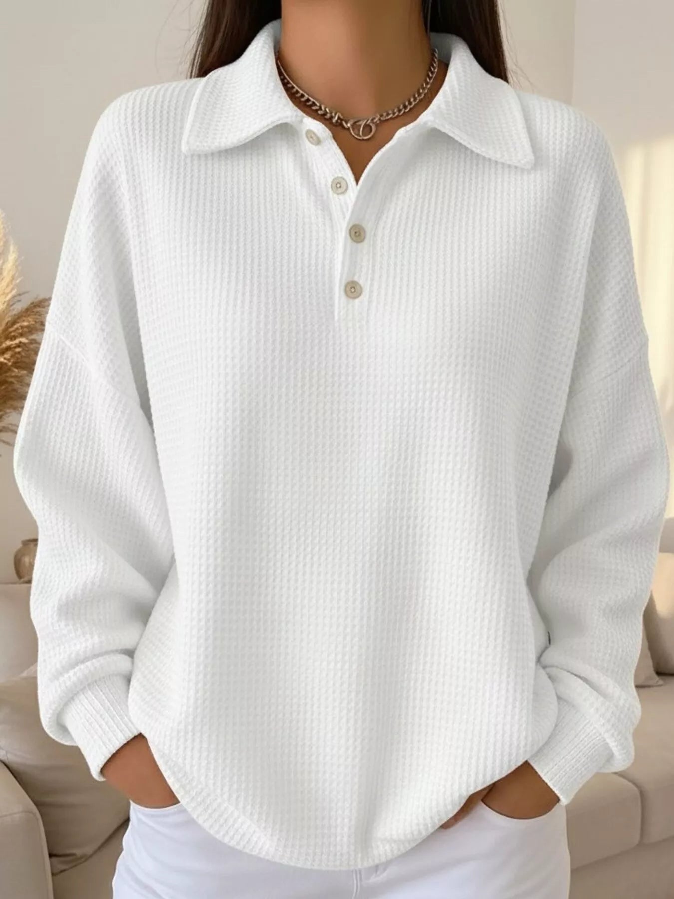 Full Size Waffle Knit Button Detail Sweatshirt Plus Size