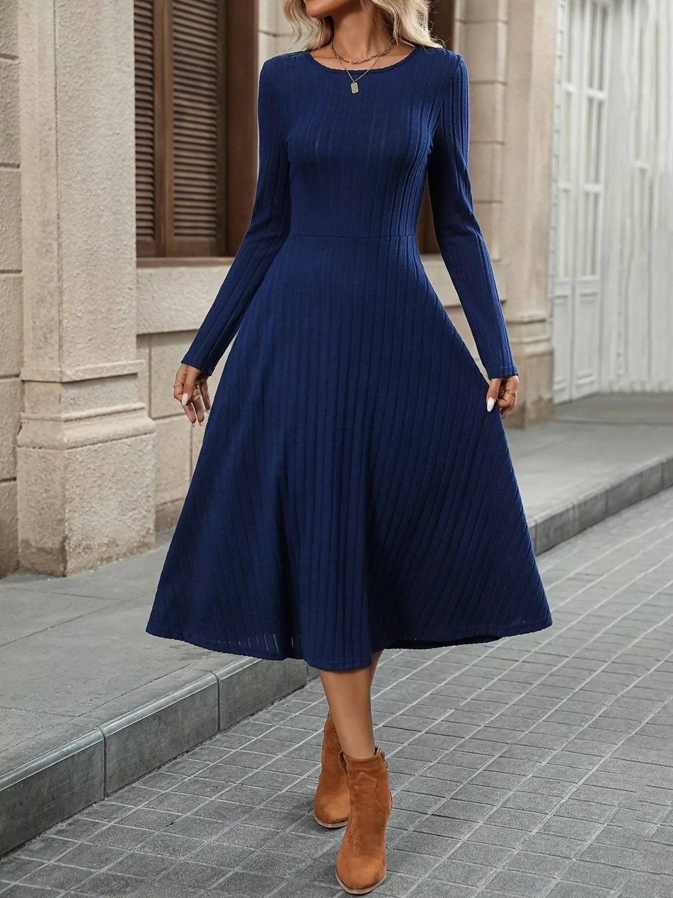 Ribbed Knit A-Line Midi Dress