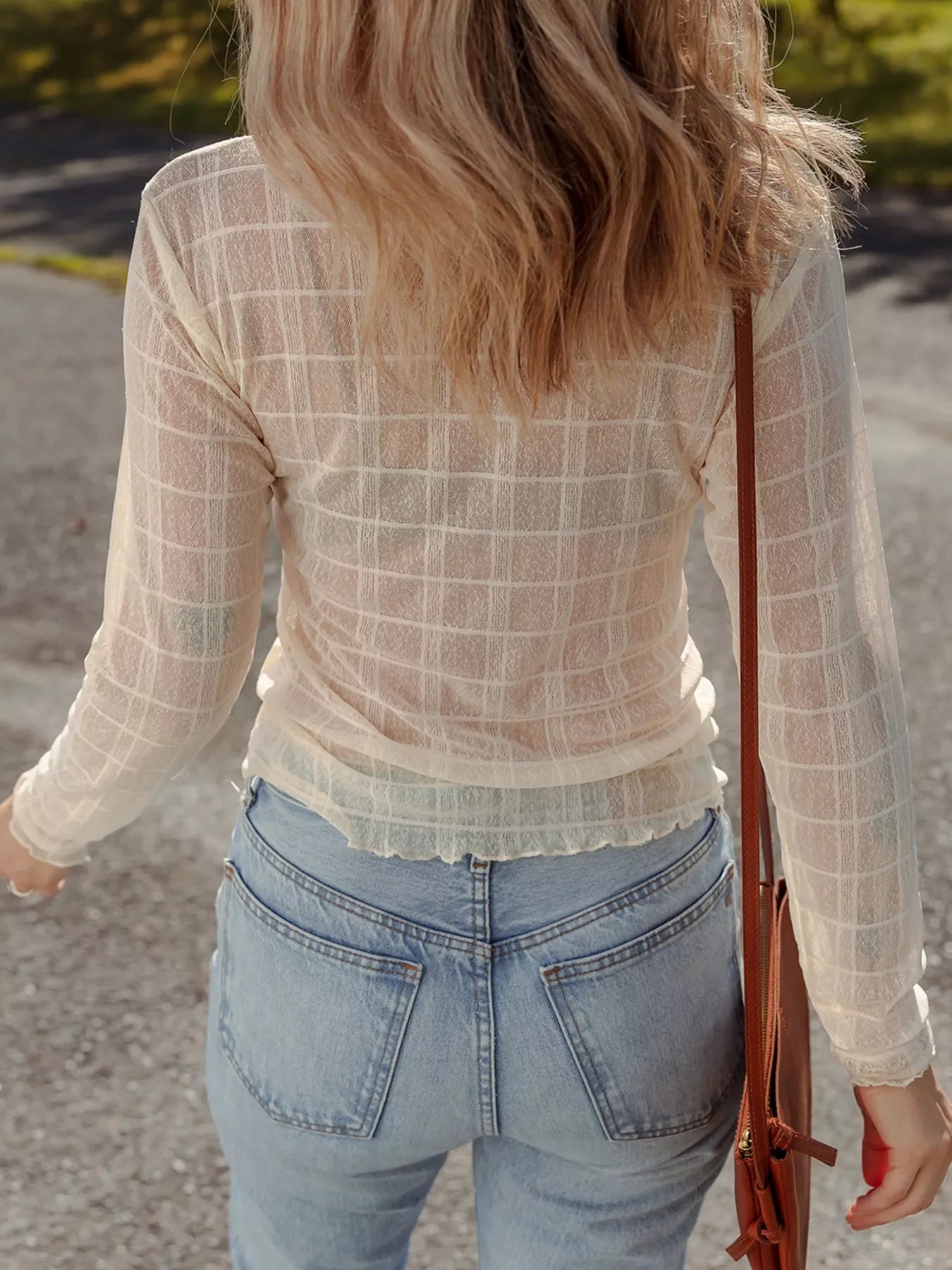 Sheer Plaid Mesh Lettuce Trim Slim Fit Long Sleeve Top