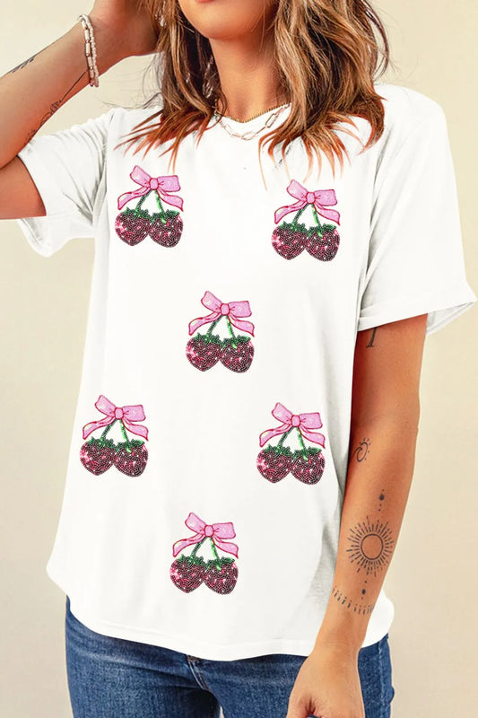 Sequin Cherry Round Neck Short Sleeve T-Shirt