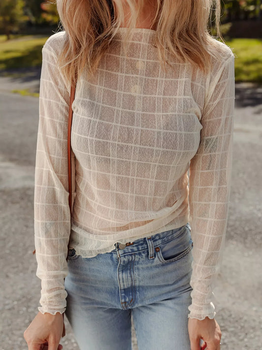 Sheer Plaid Mesh Lettuce Trim Slim Fit Long Sleeve Top