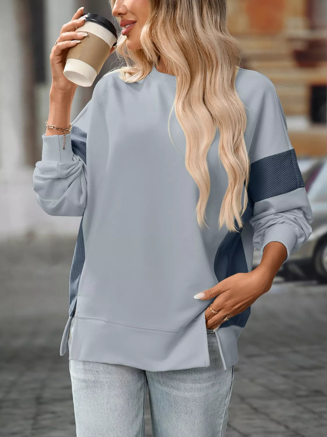 Side Slit Round Neck Sweatshirt