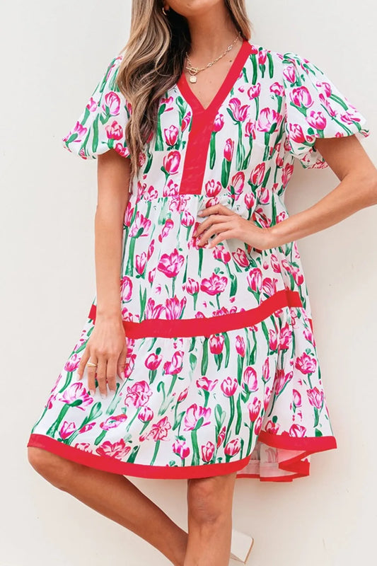 Floral Print Contrast Trim V Neck Bubble Short Sleeve Babydoll Dress