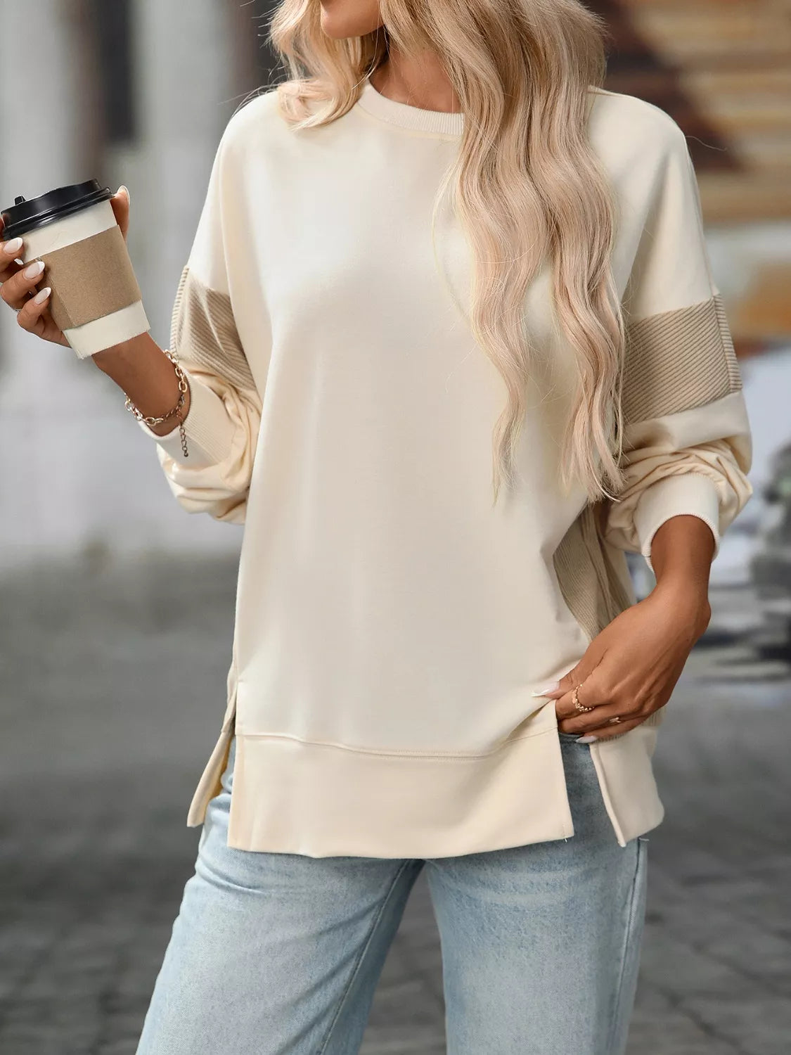 Side Slit Round Neck Sweatshirt