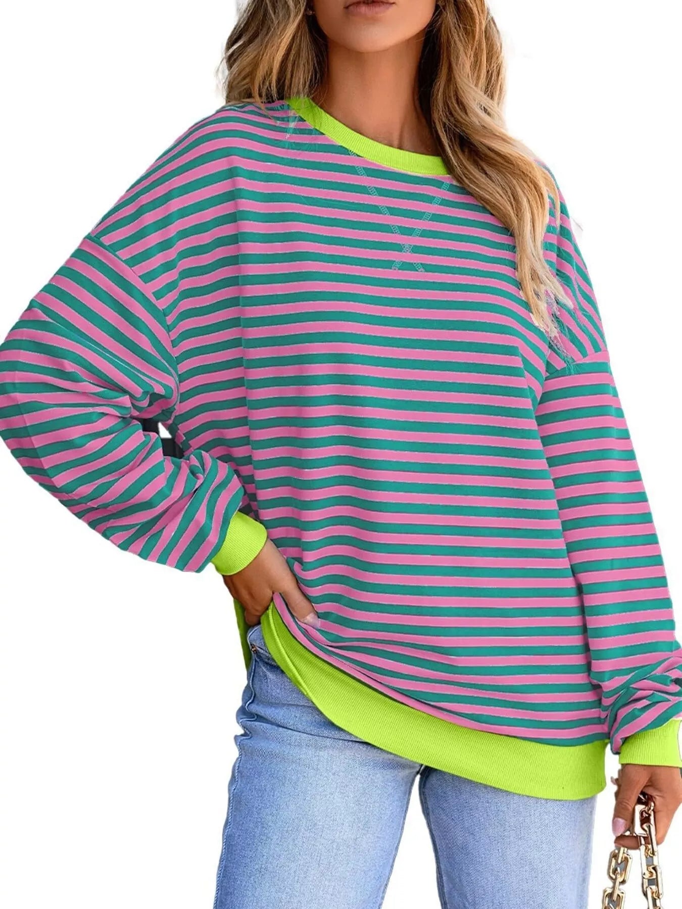 Striped Round Neck Dropped Shoulder Sweatshirt