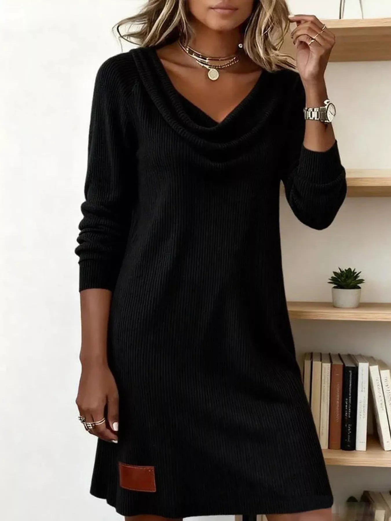 Casual Cowl Neck Ribbed Knit Mini Dress