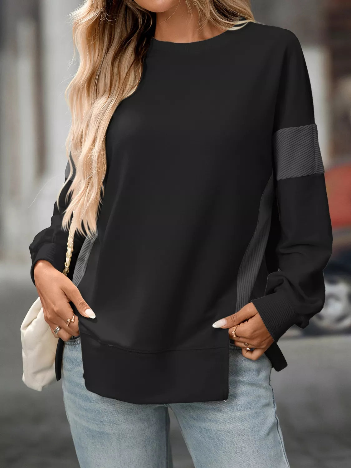 Side Slit Round Neck Sweatshirt