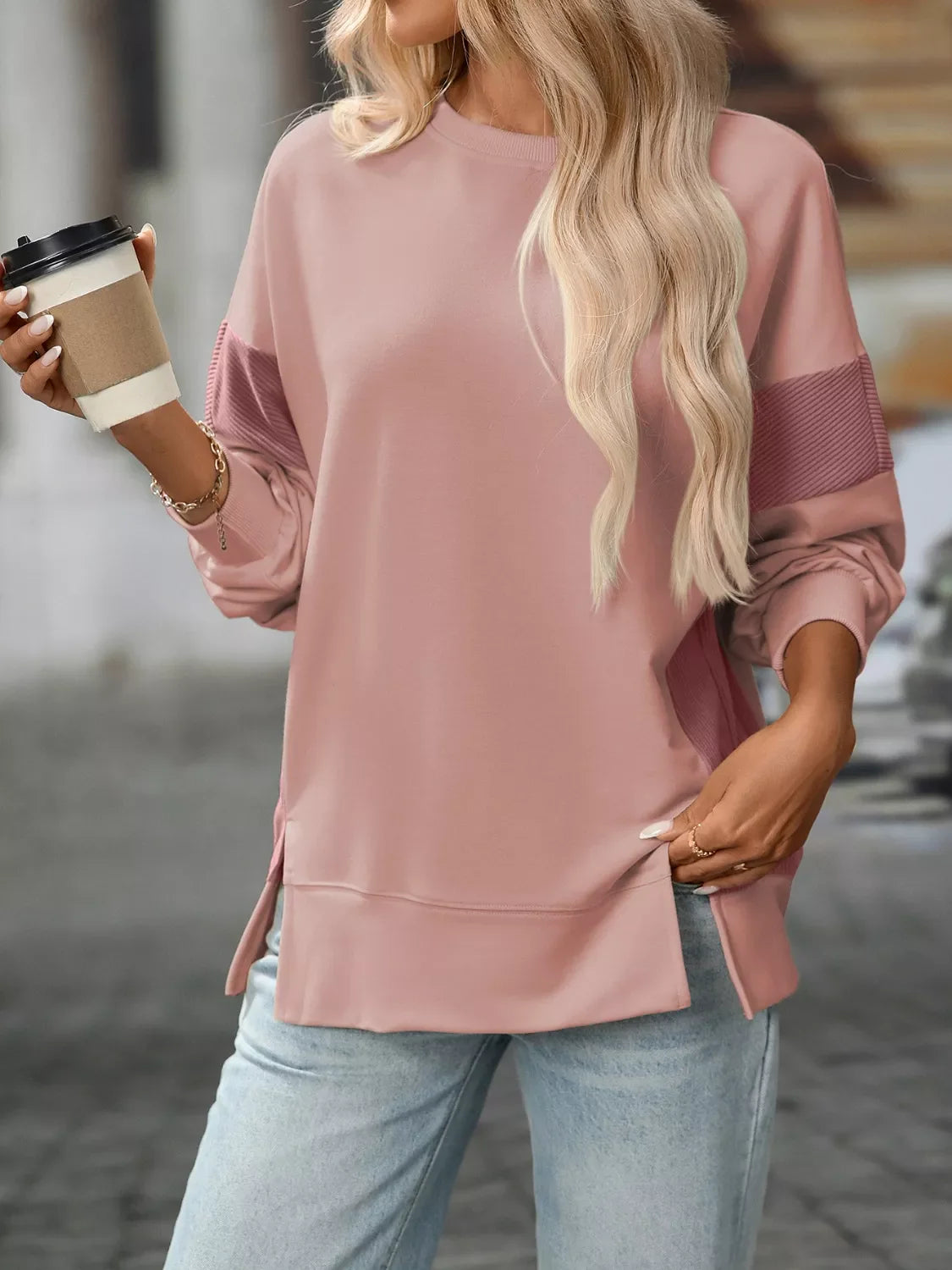 Side Slit Round Neck Sweatshirt