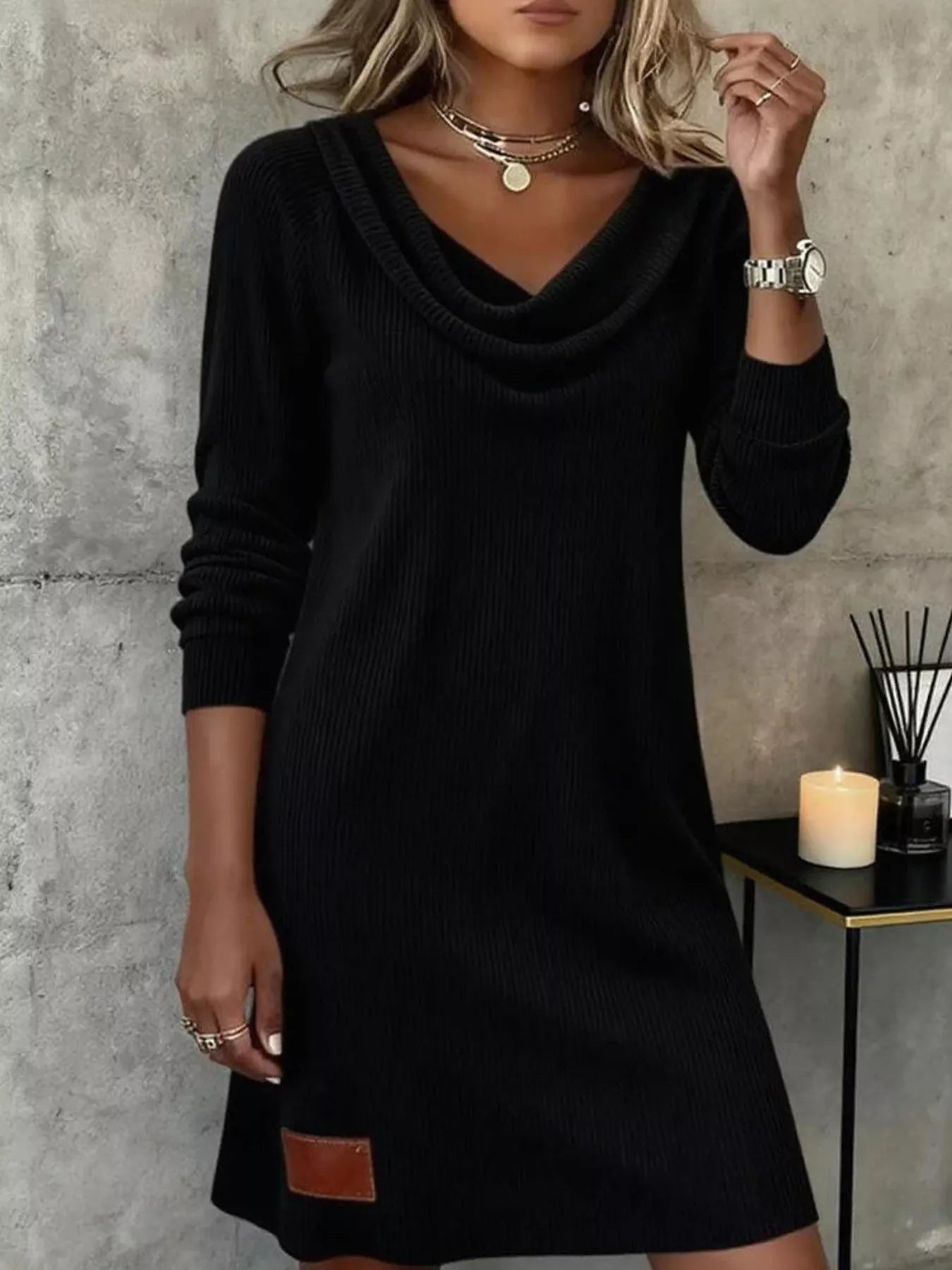 Casual Cowl Neck Ribbed Knit Mini Dress