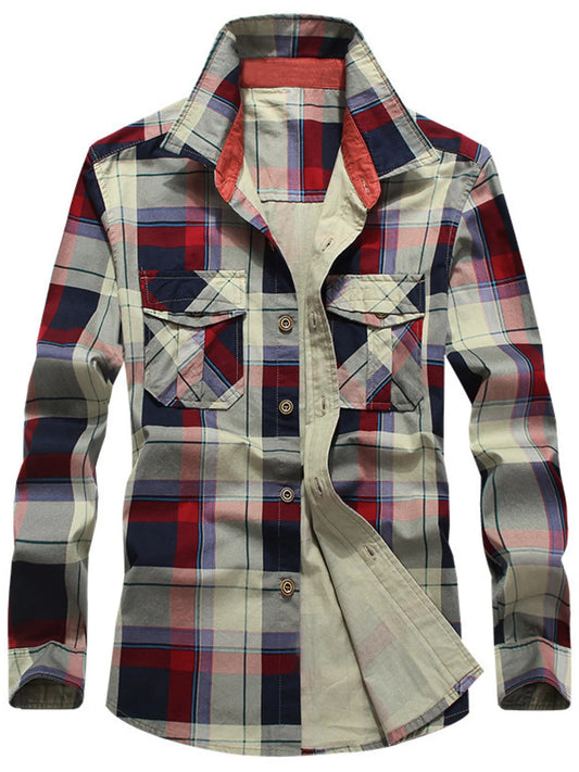Men's Full Size Casual Plaid Long Sleeve Shirt Plus Size