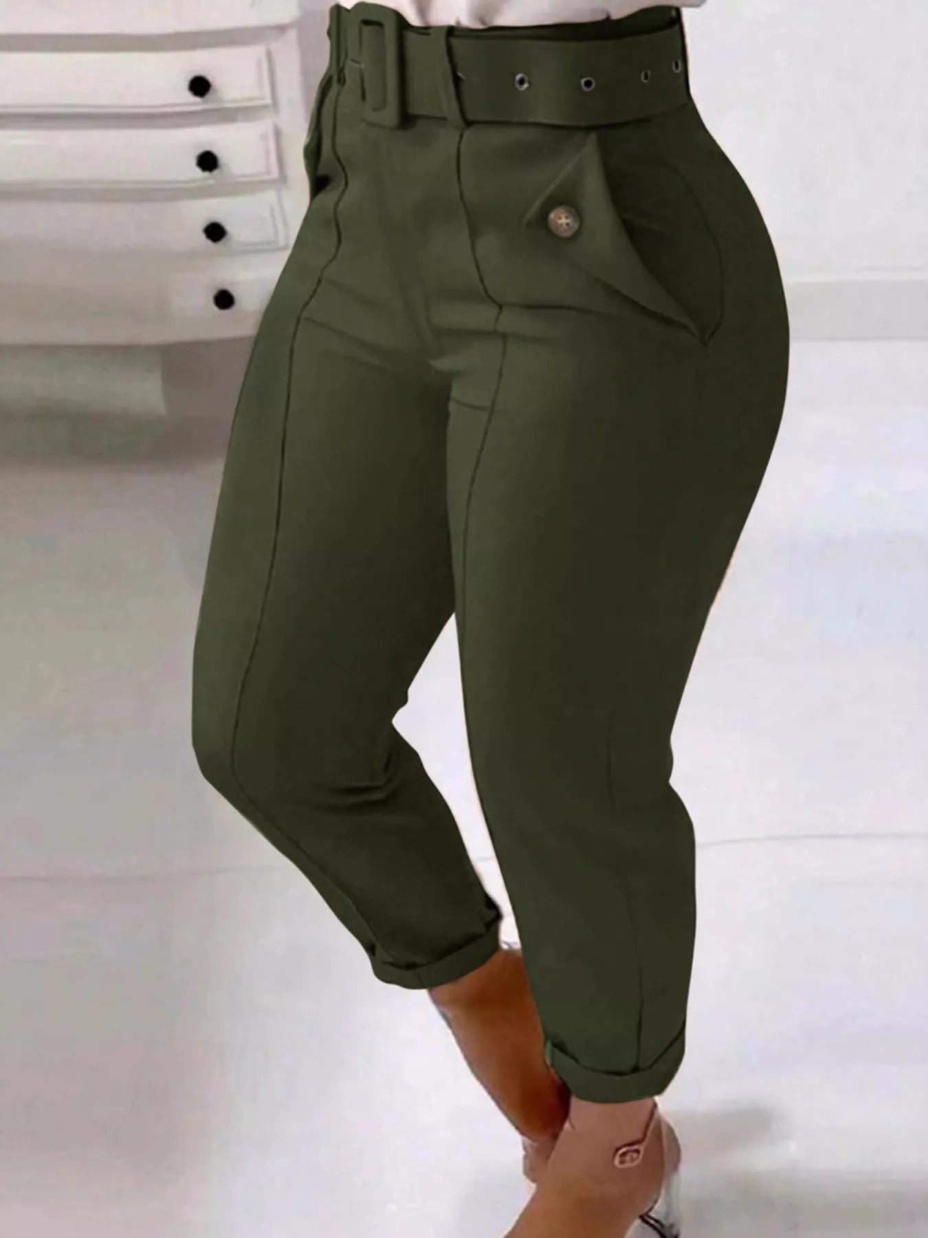 High Waist Belted Slim Fit Ankle Pants