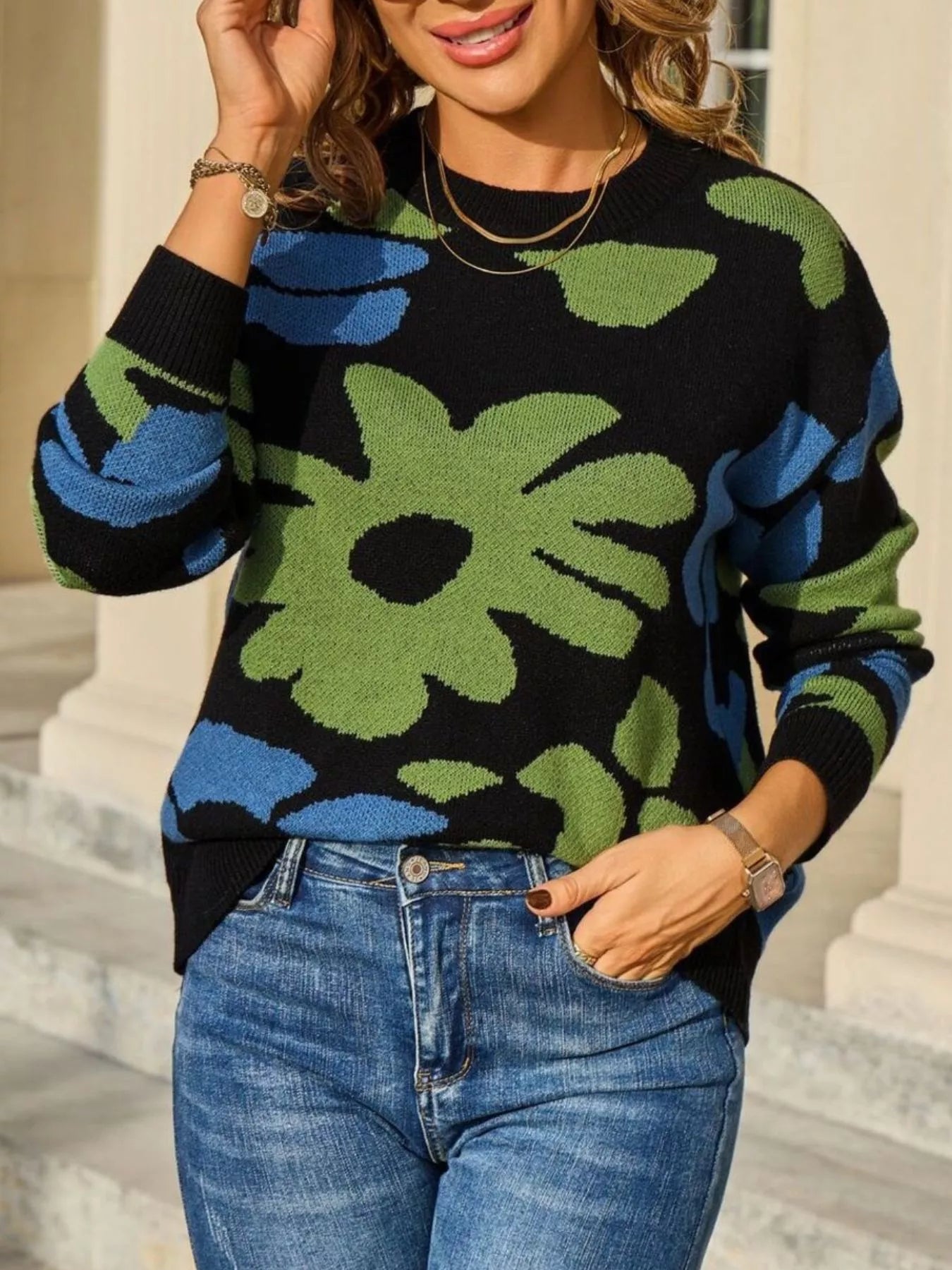 Floral Crew Neck Long Sleeve Sweater