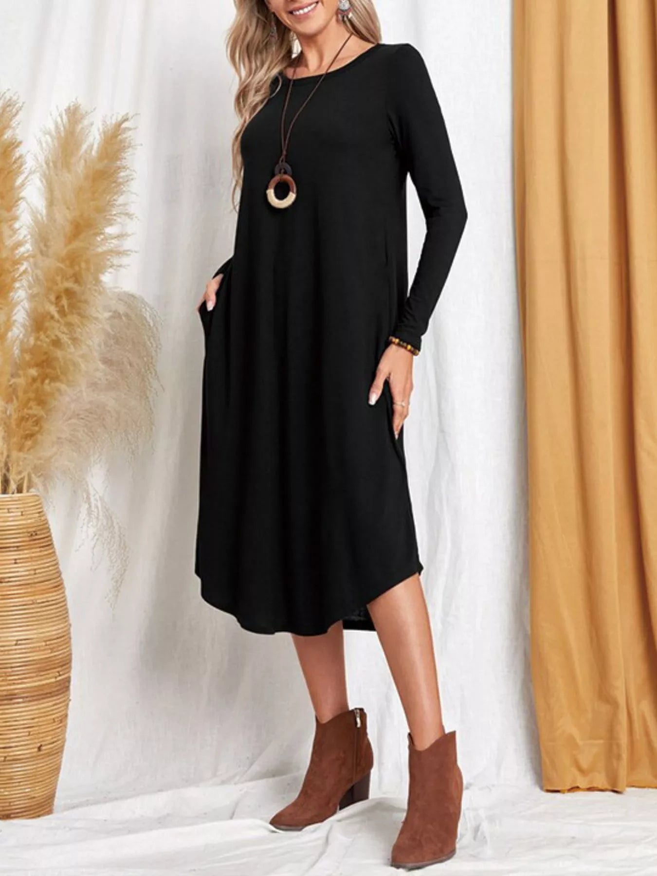 Casual Long Sleeve Pocket Midi Dress