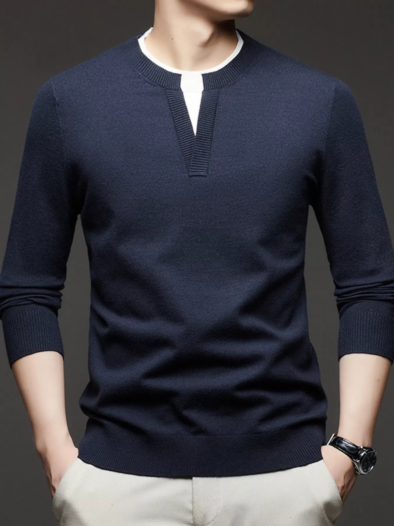 Men's Plus Size Two-Tone Long Sleeve Knit Top
