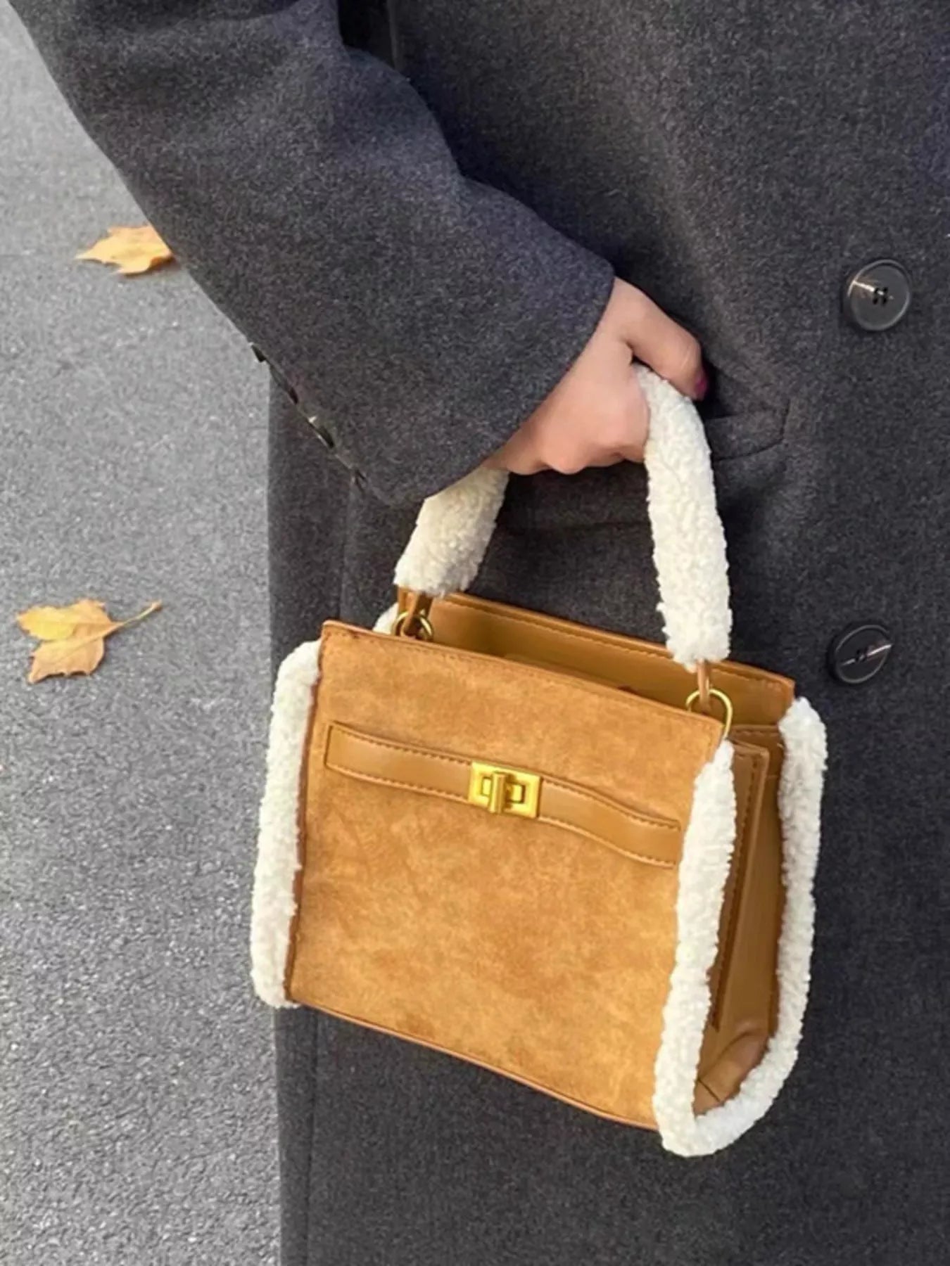 Sherpa Trim Suede Crossbody Bag