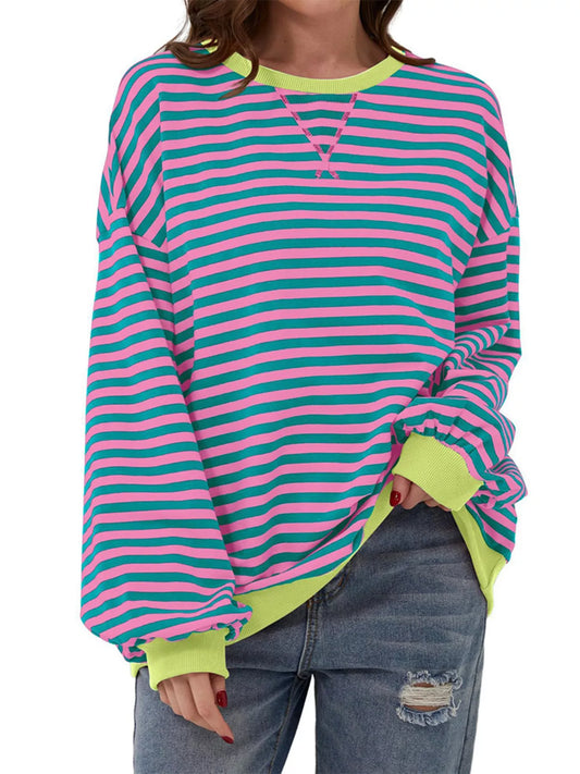 Striped Round Neck Dropped Shoulder Sweatshirt