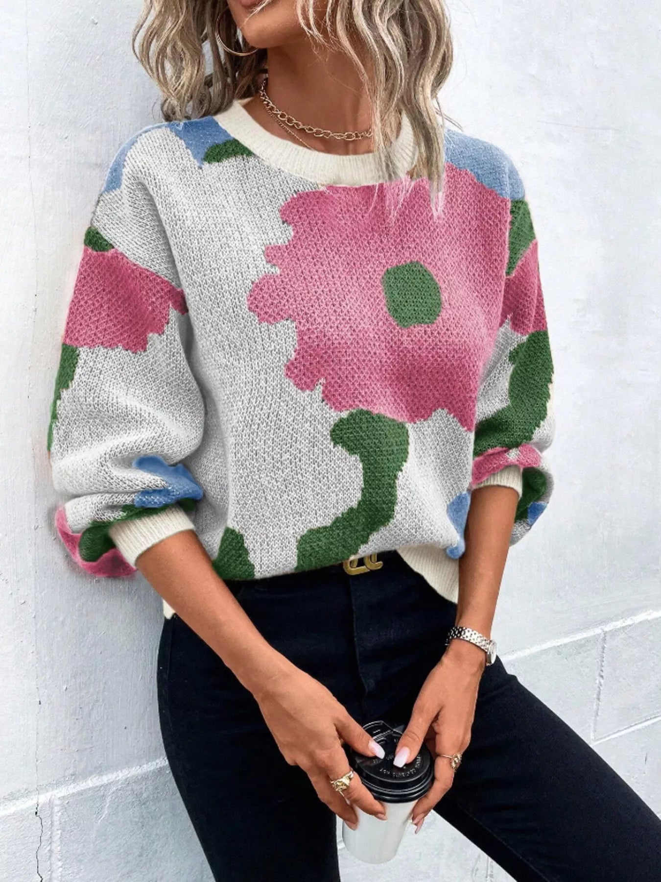 Floral Pattern Round Neck Sweater