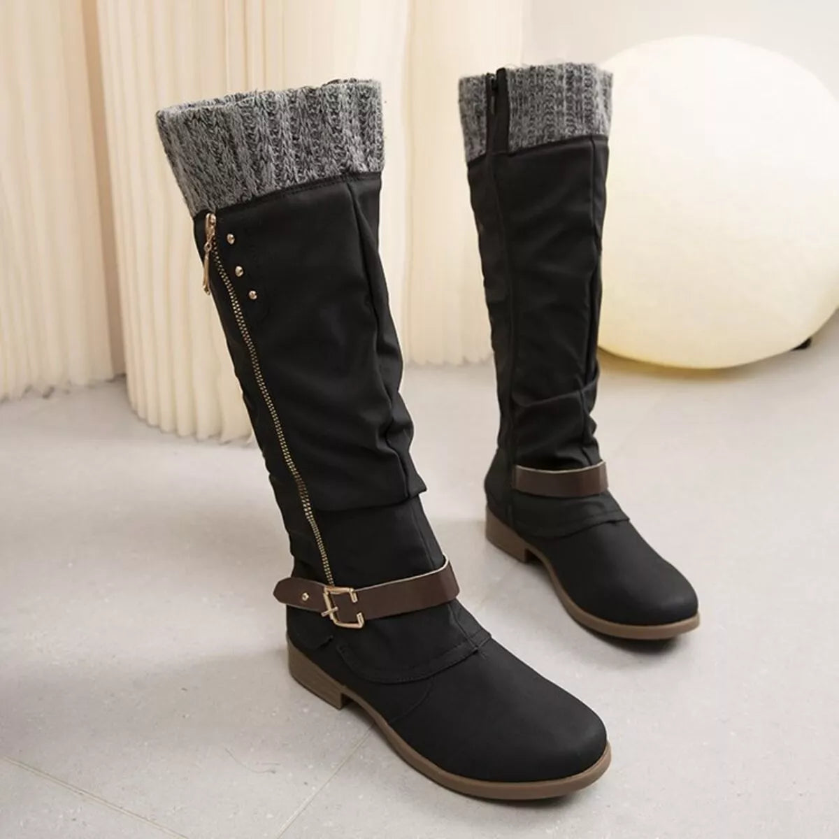Knee High Slouch Boots with Knit Cuff