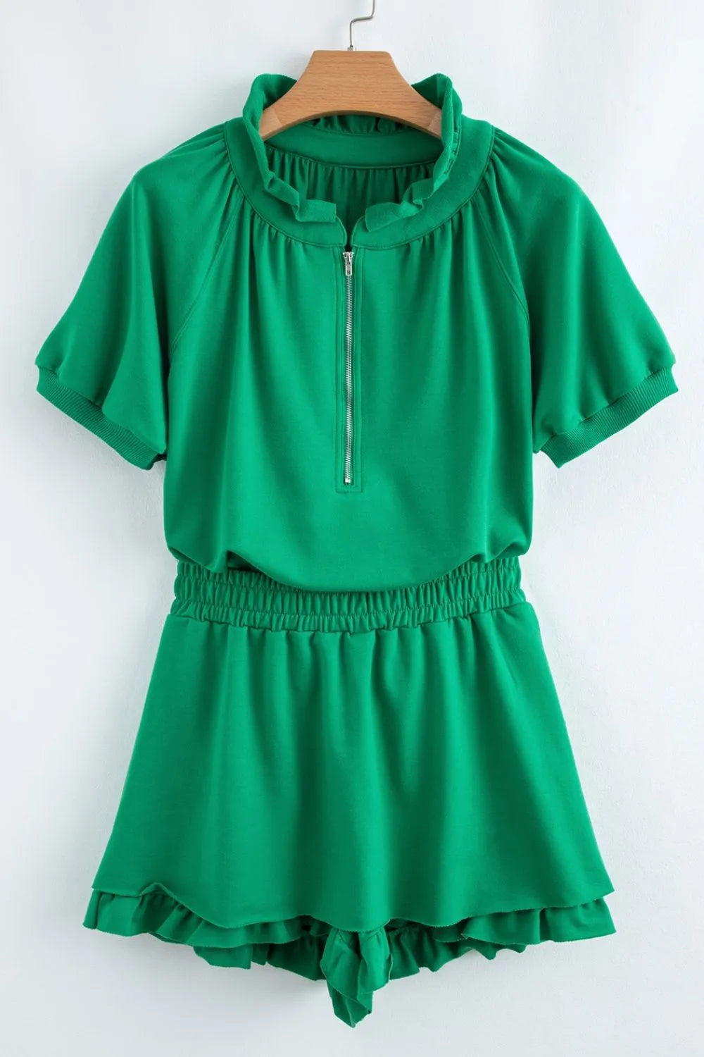 Frill Zip Front Puff Sleeve Top and Skort Set