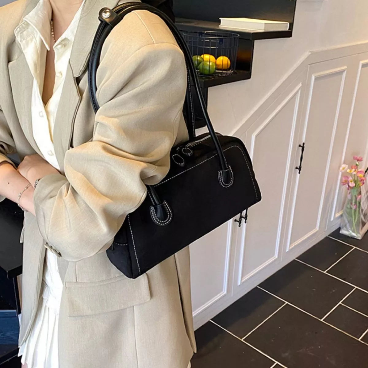 Velvet Shoulder Bag with Leather Strap
