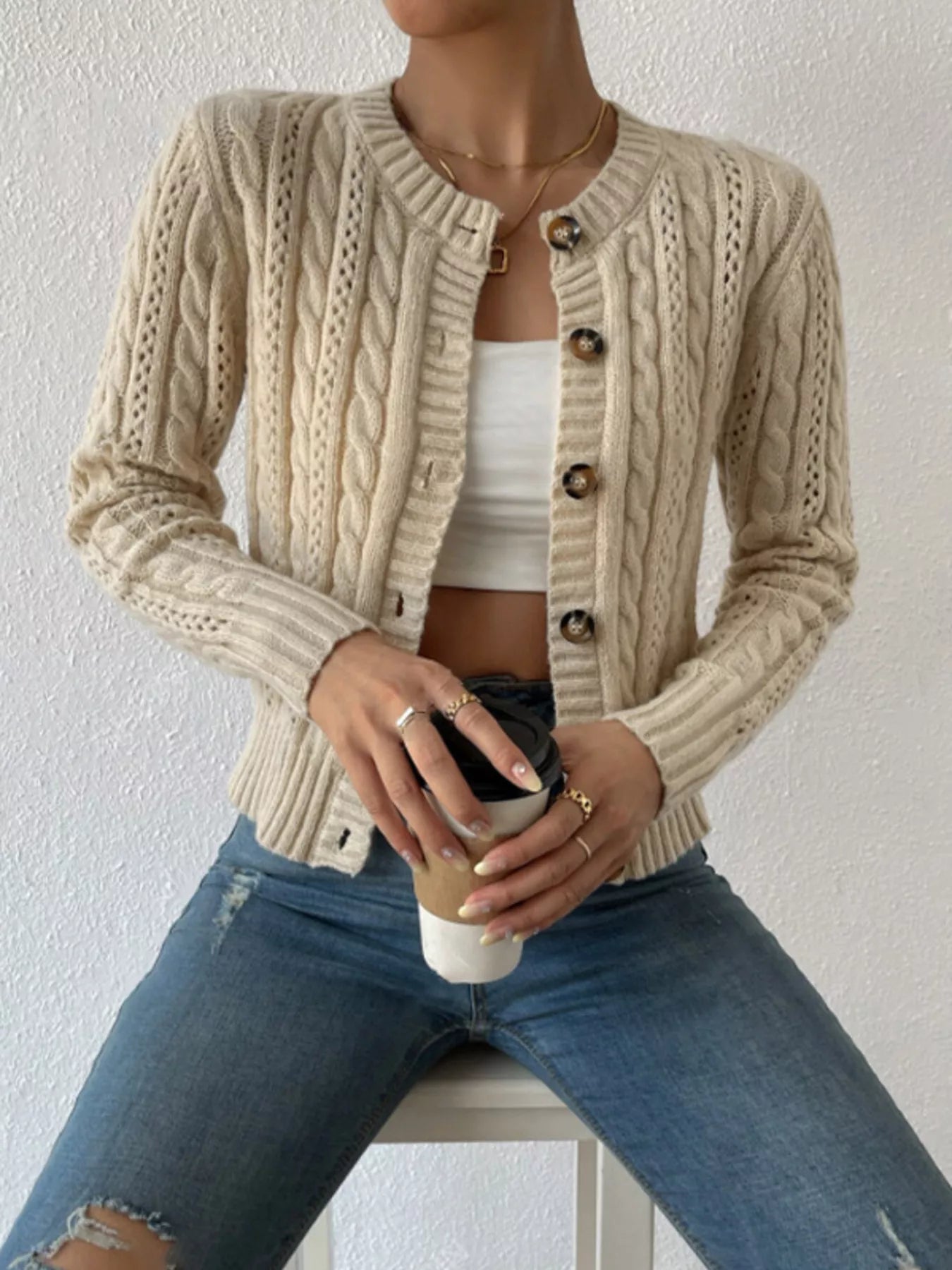 Cable Knit Button-Up Cardigan