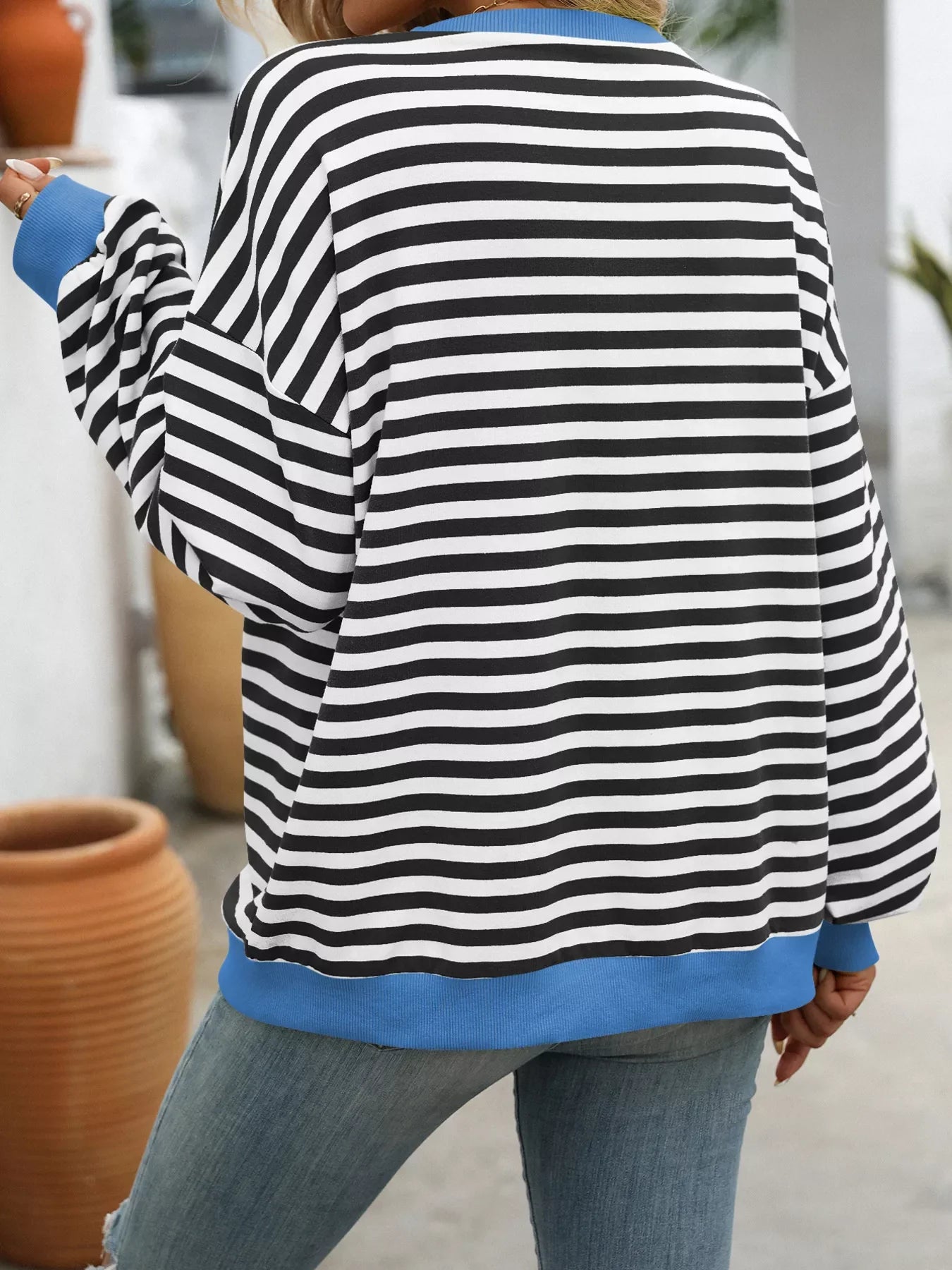 Striped Round Neck Dropped Shoulder Sweatshirt