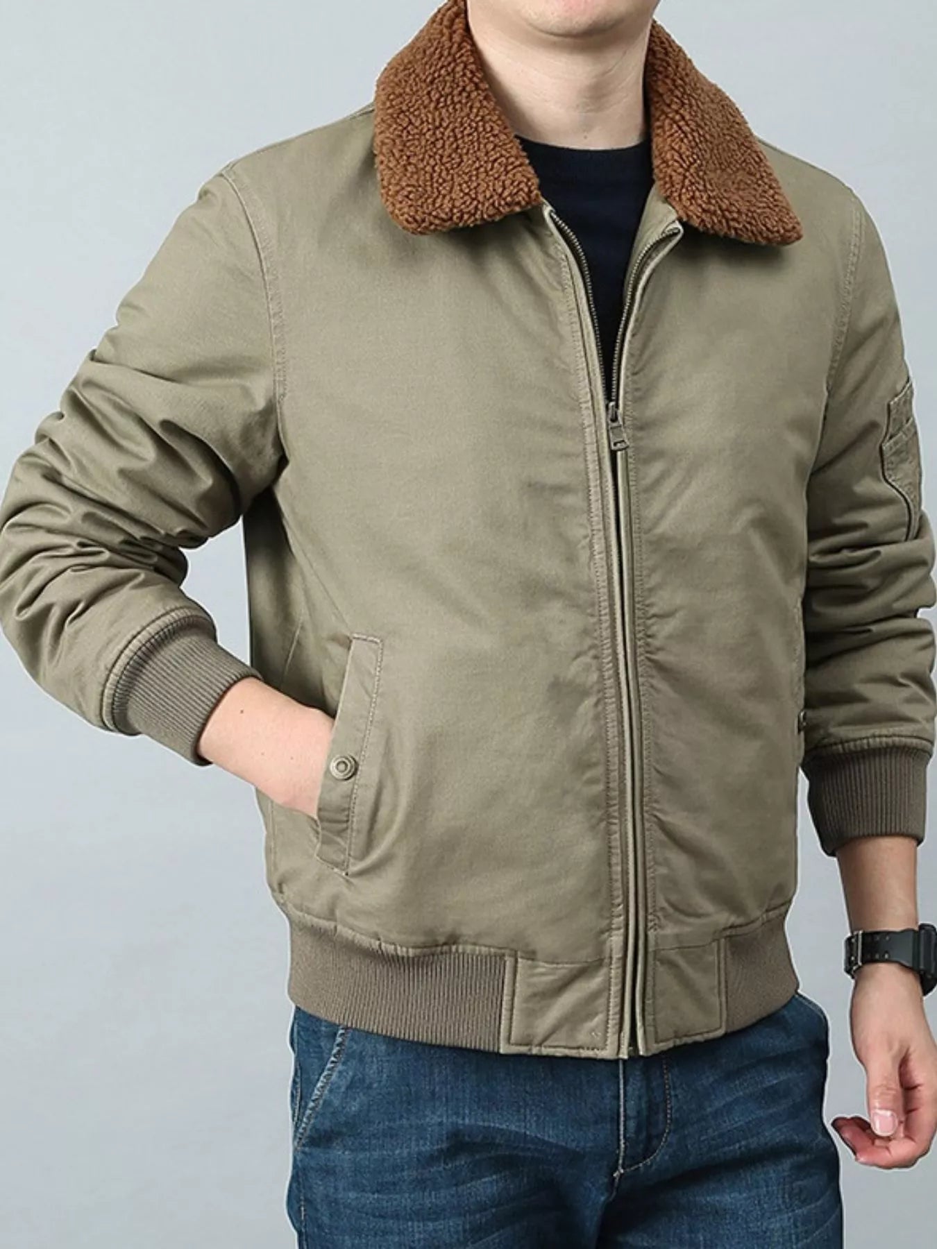 Men's Plus Size Casual Fleece Collar Zip Up Jacket