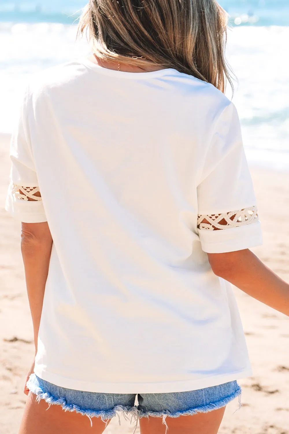 Lace Crochet Crew Neck Casual T Shirt