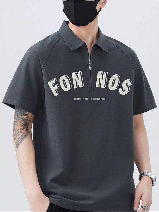 Men's Plus Size Zipper Polo Shirt with Letter Print