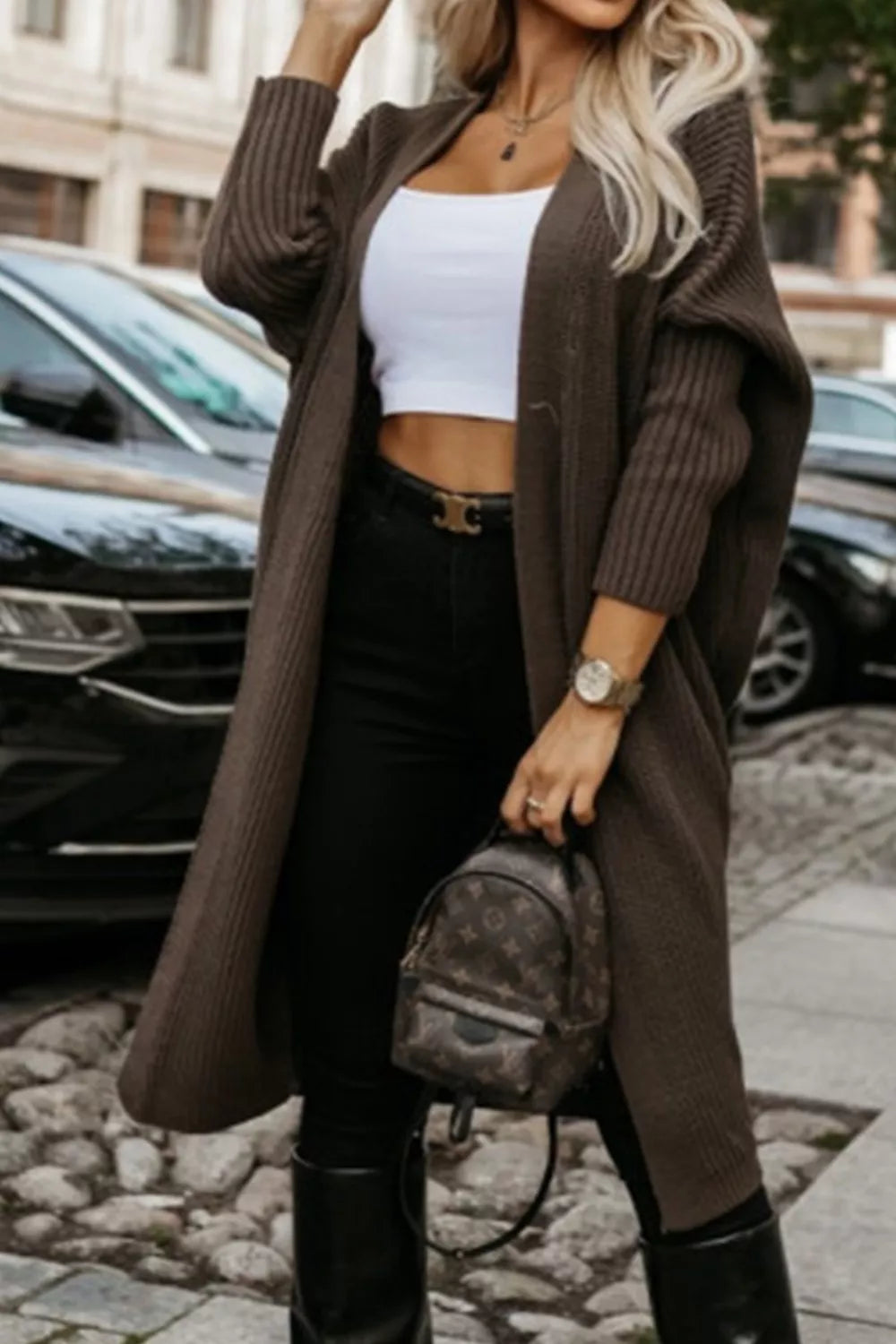 Waffle Knit Open Front Cardigan