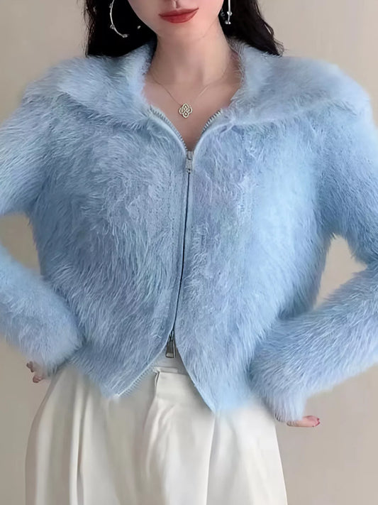 Fluffy Knit Zip-Up Outerwear