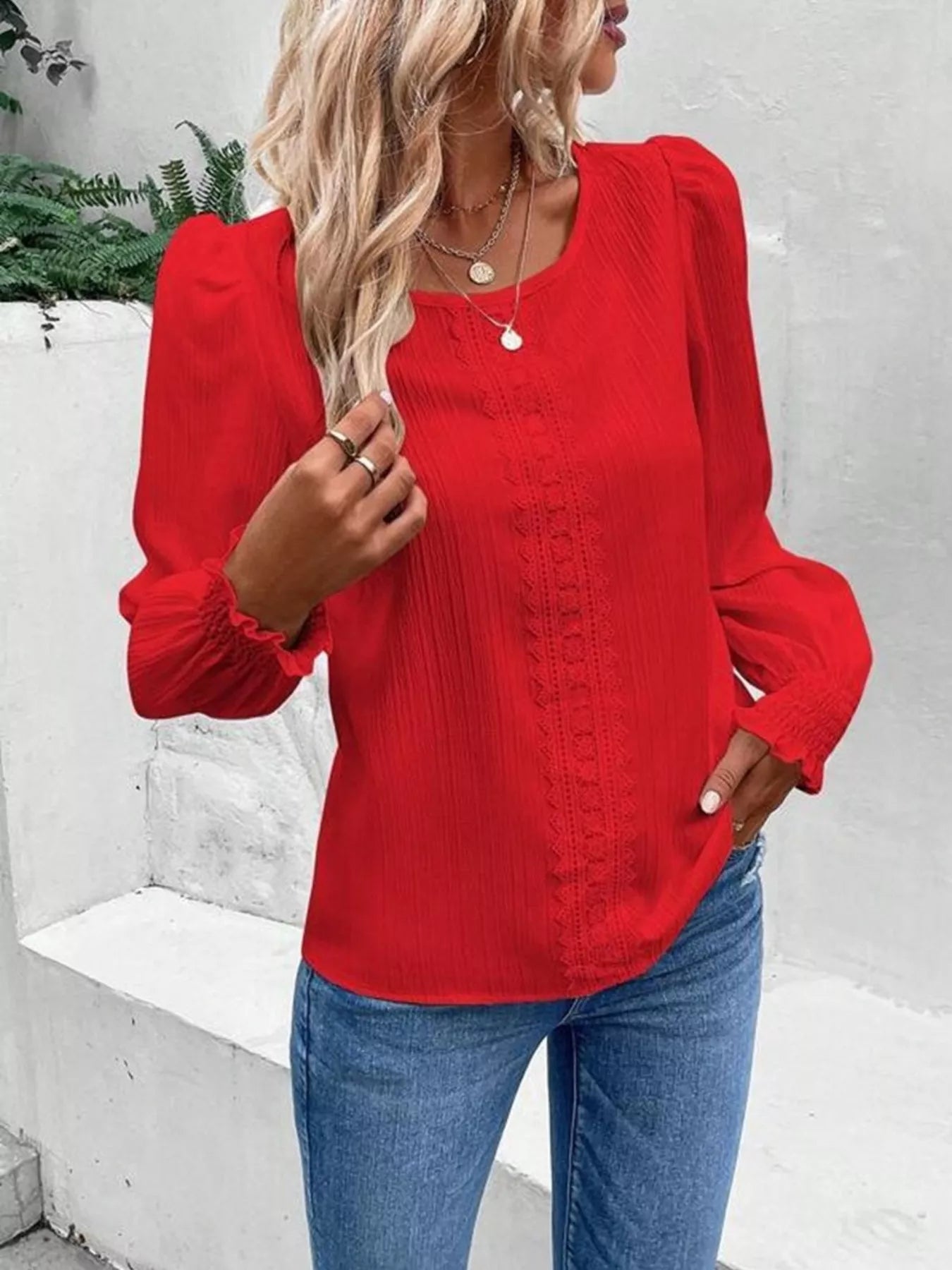 Lace Trim Long Sleeve Blouse