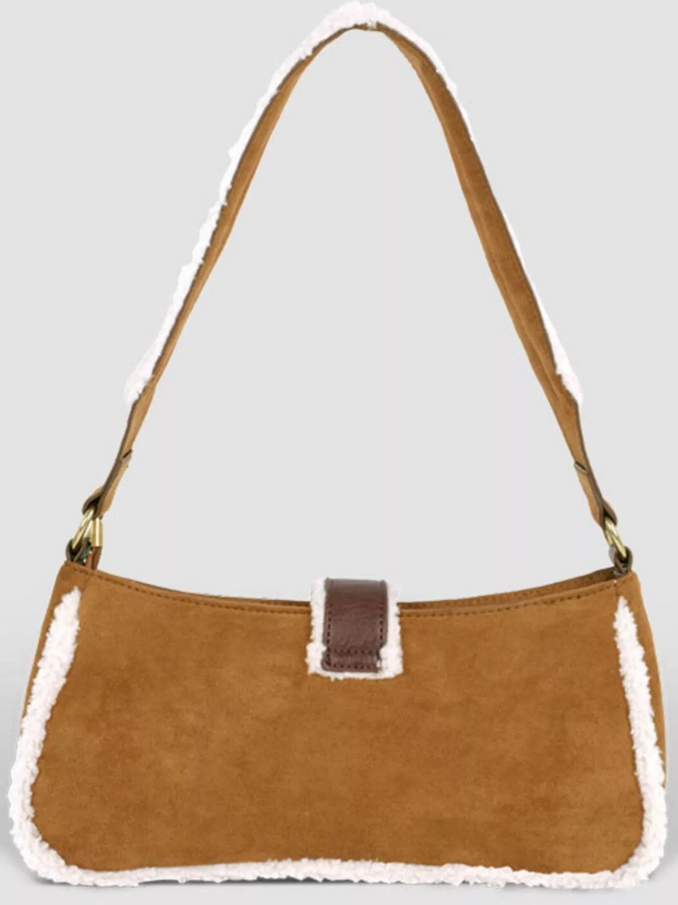 Vintage Suede Shoulder Bag with Plush Trim