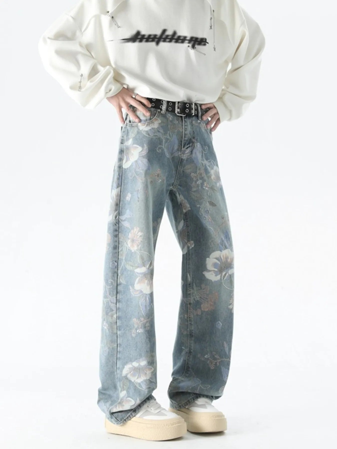 Men's Plus Size Floral Print Loose Fit Jeans