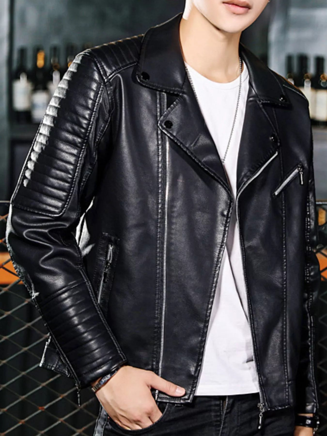Men's Plus Size Zip Up Faux Leather Biker Jacket
