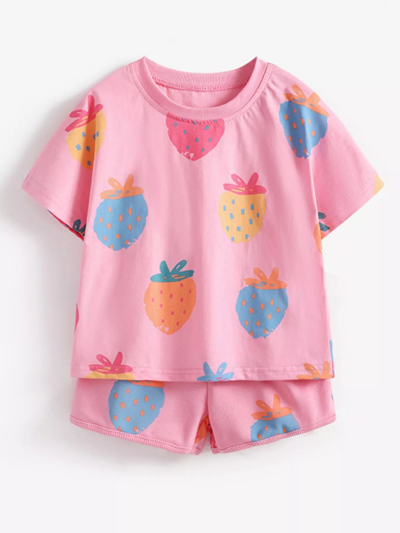 Children's Strawberry Print Round Neck Tee and Shorts Set
