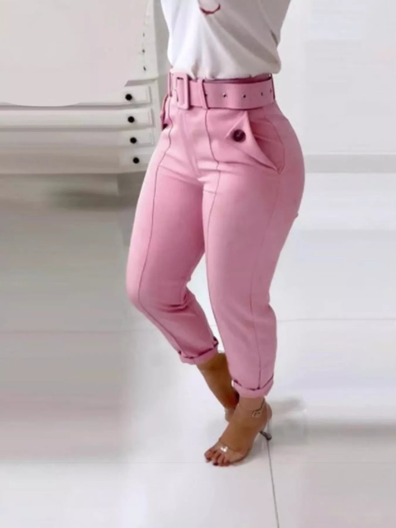 High Waist Belted Slim Fit Ankle Pants