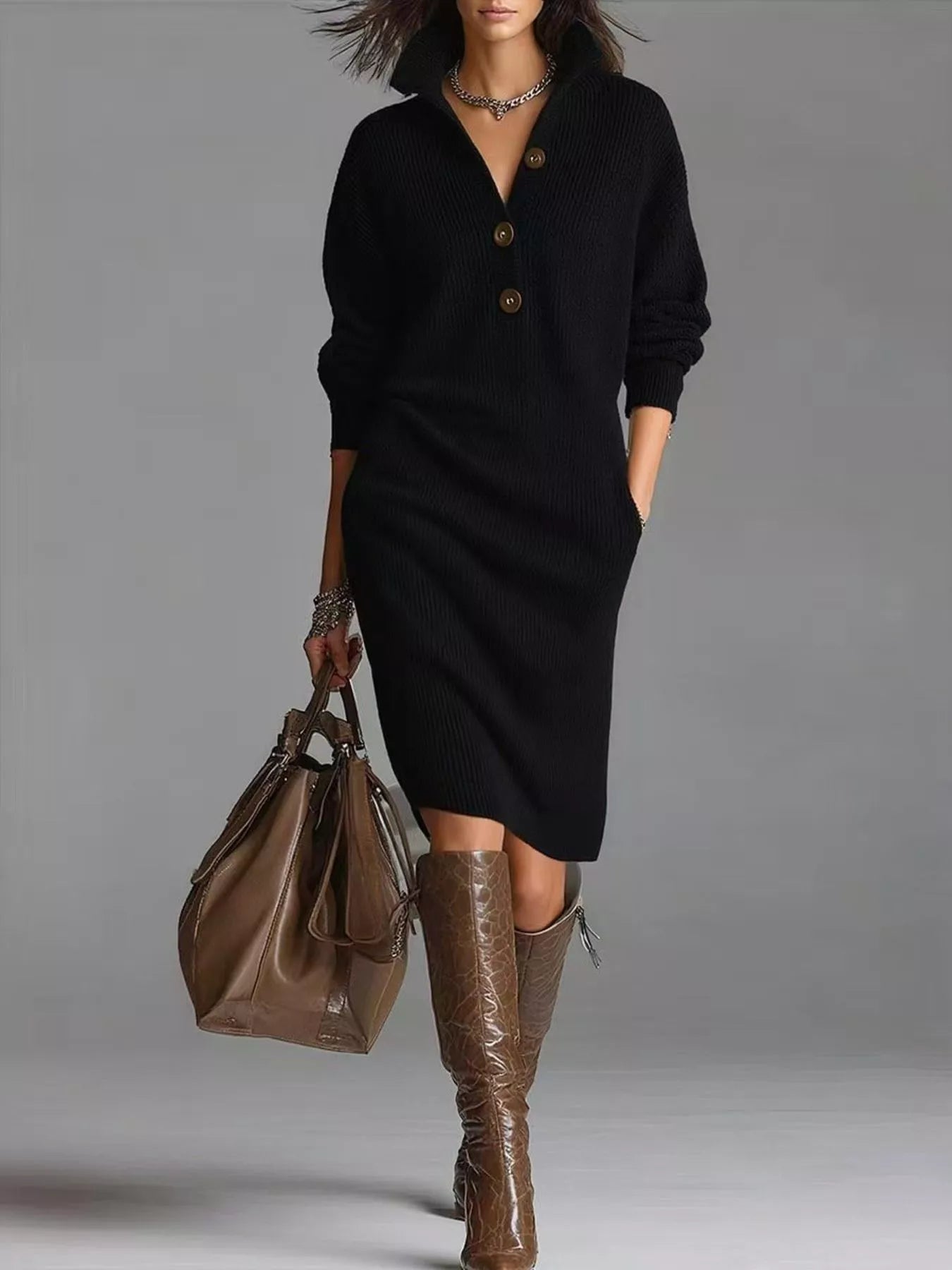 Full Size Button-Front Ribbed Knit Sweater Dress Plus Size