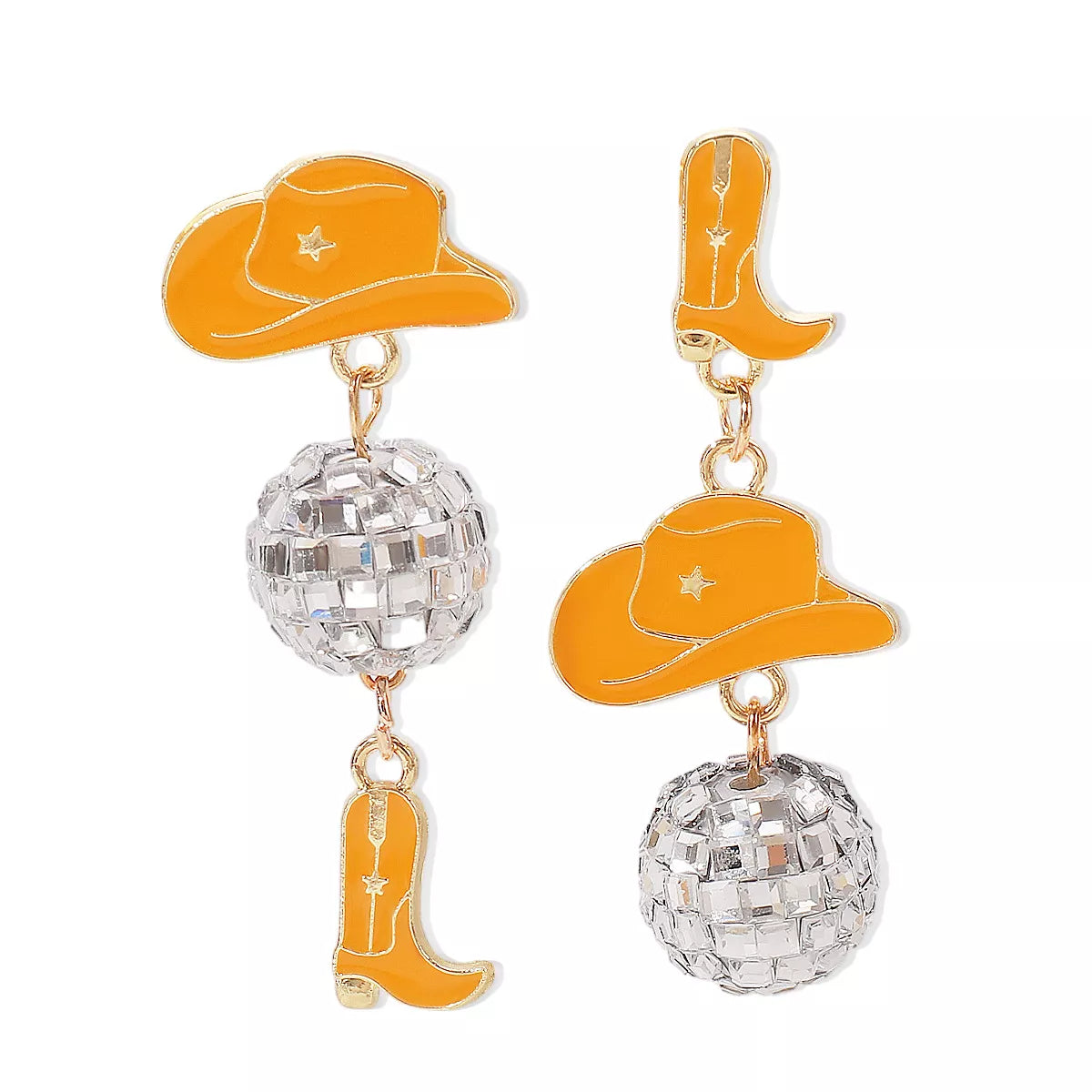 Asymmetrical Cowgirl Boot Hat Ball Dangle Earrings